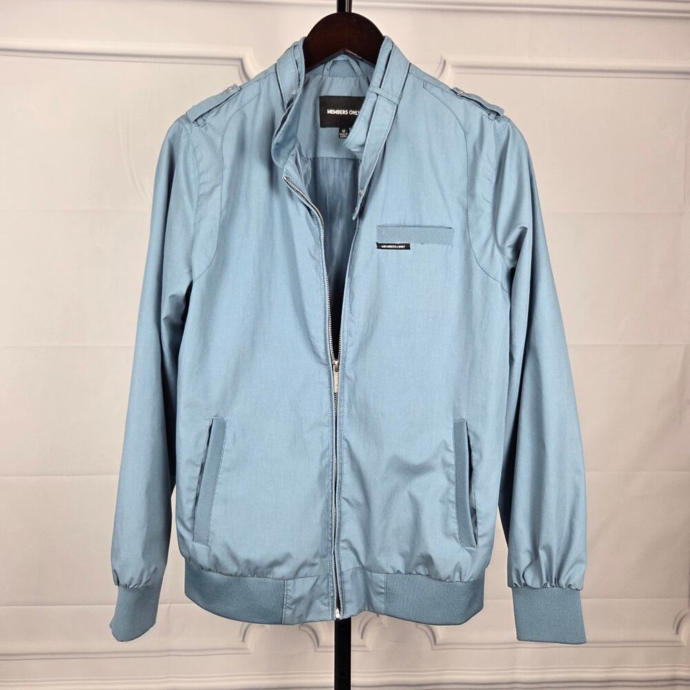 Members Only Men’s Light Blue Bomber Jacket Size Medium Full Zip Classic Racer